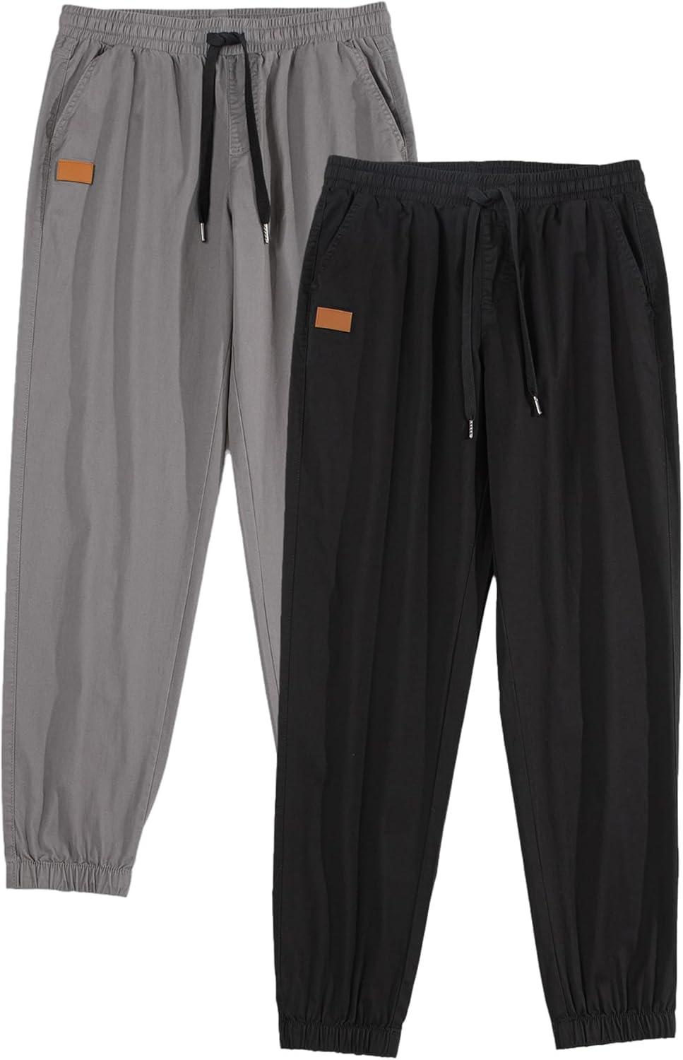 imageJMIERR Mens Casual Joggers Pants Cotton Drawstring Chino Cargo Pants Hiking Outdoor Twill Track Jogging Sweatpants PantsZ 2 Pack Black Medium Grey