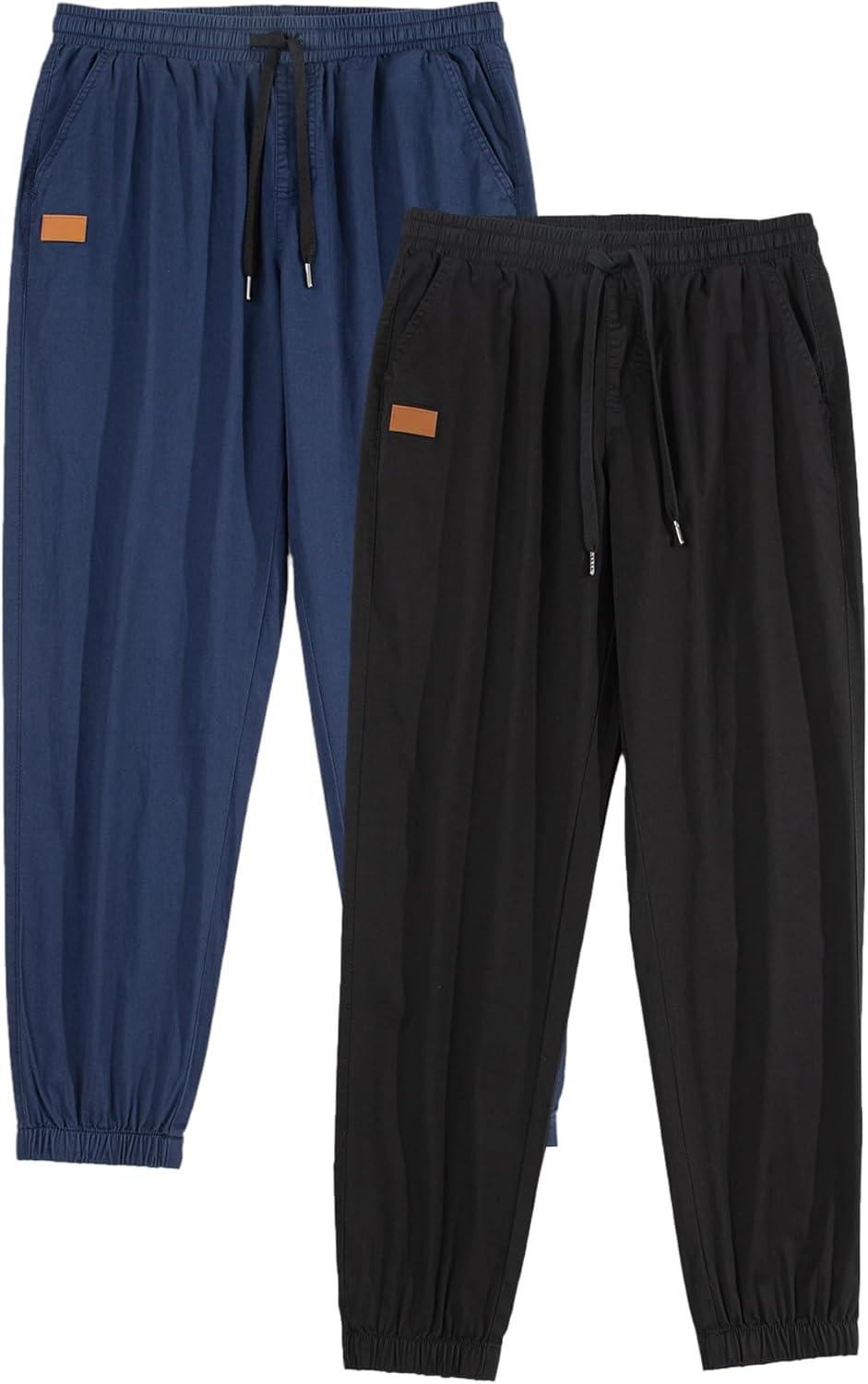 imageJMIERR Mens Casual Joggers Pants Cotton Drawstring Chino Cargo Pants Hiking Outdoor Twill Track Jogging Sweatpants PantsZ 2 Pack Black Navy Blue