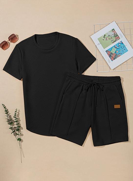 imageJMIERR Mens Casual Short Sleeve T Shirts and Shorts Summer Beach Vacation 2 Piece Outfit Lounge Workout SetsA Black