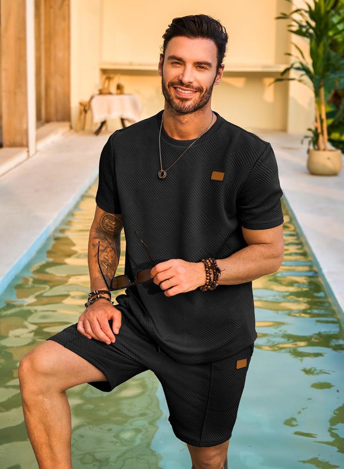 imageJMIERR Mens Casual Short Sleeve T Shirts and Shorts Summer Beach Vacation 2 Piece Outfit Lounge Workout SetsA Black