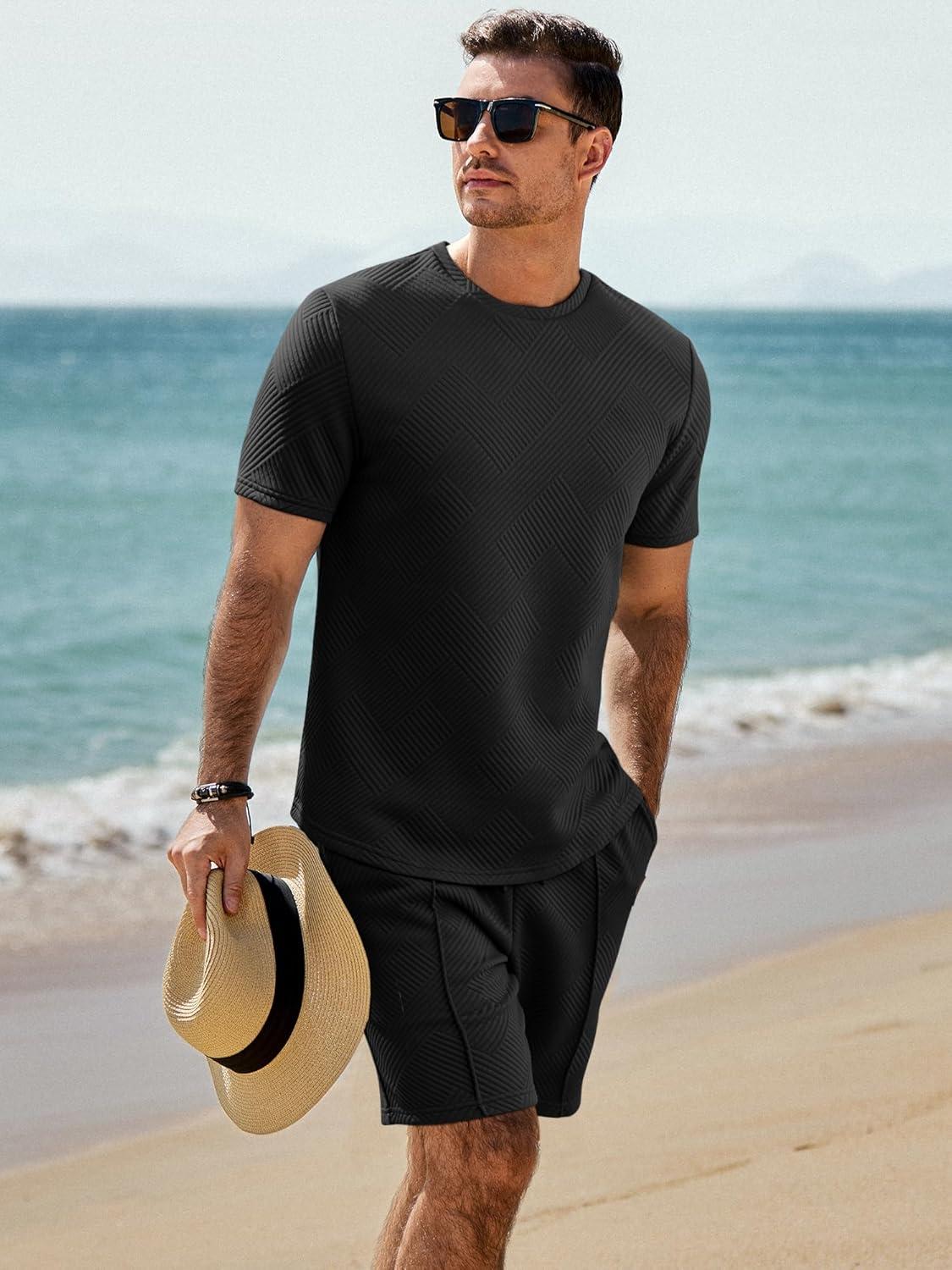 imageJMIERR Mens Casual Short Sleeve T Shirts and Shorts Summer Beach Vacation 2 Piece Outfit Lounge Workout SetsA Black
