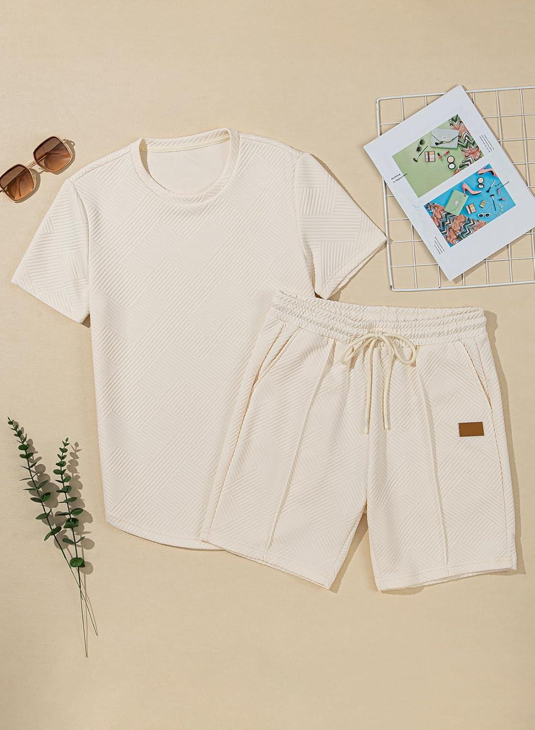 imageJMIERR Mens Casual Short Sleeve T Shirts and Shorts Summer Beach Vacation 2 Piece Outfit Lounge Workout SetsA8 Apricot