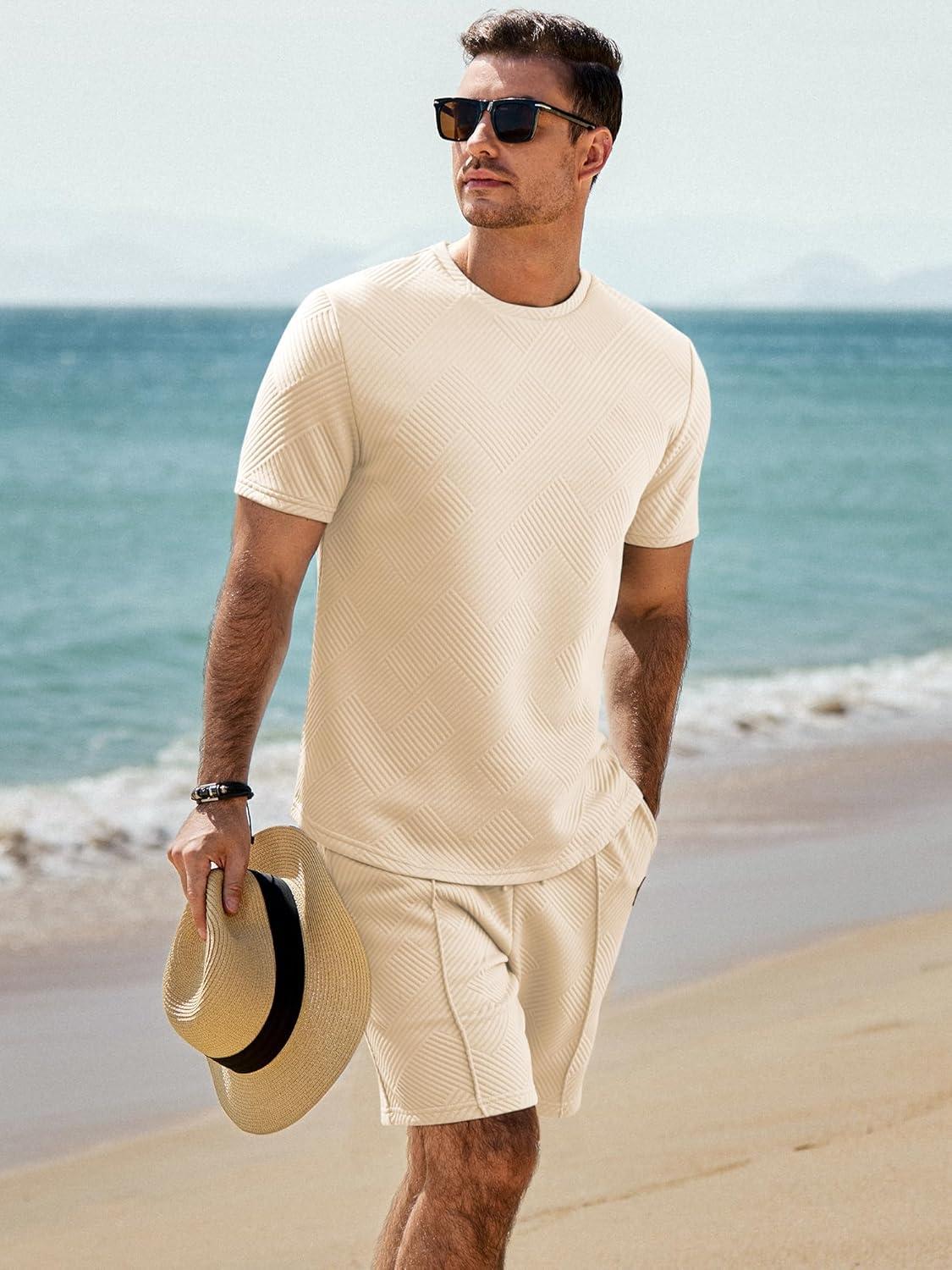 imageJMIERR Mens Casual Short Sleeve T Shirts and Shorts Summer Beach Vacation 2 Piece Outfit Lounge Workout SetsA8 Apricot