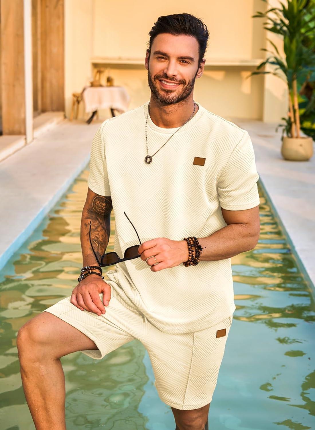 imageJMIERR Mens Casual Short Sleeve T Shirts and Shorts Summer Beach Vacation 2 Piece Outfit Lounge Workout SetsA8 Apricot