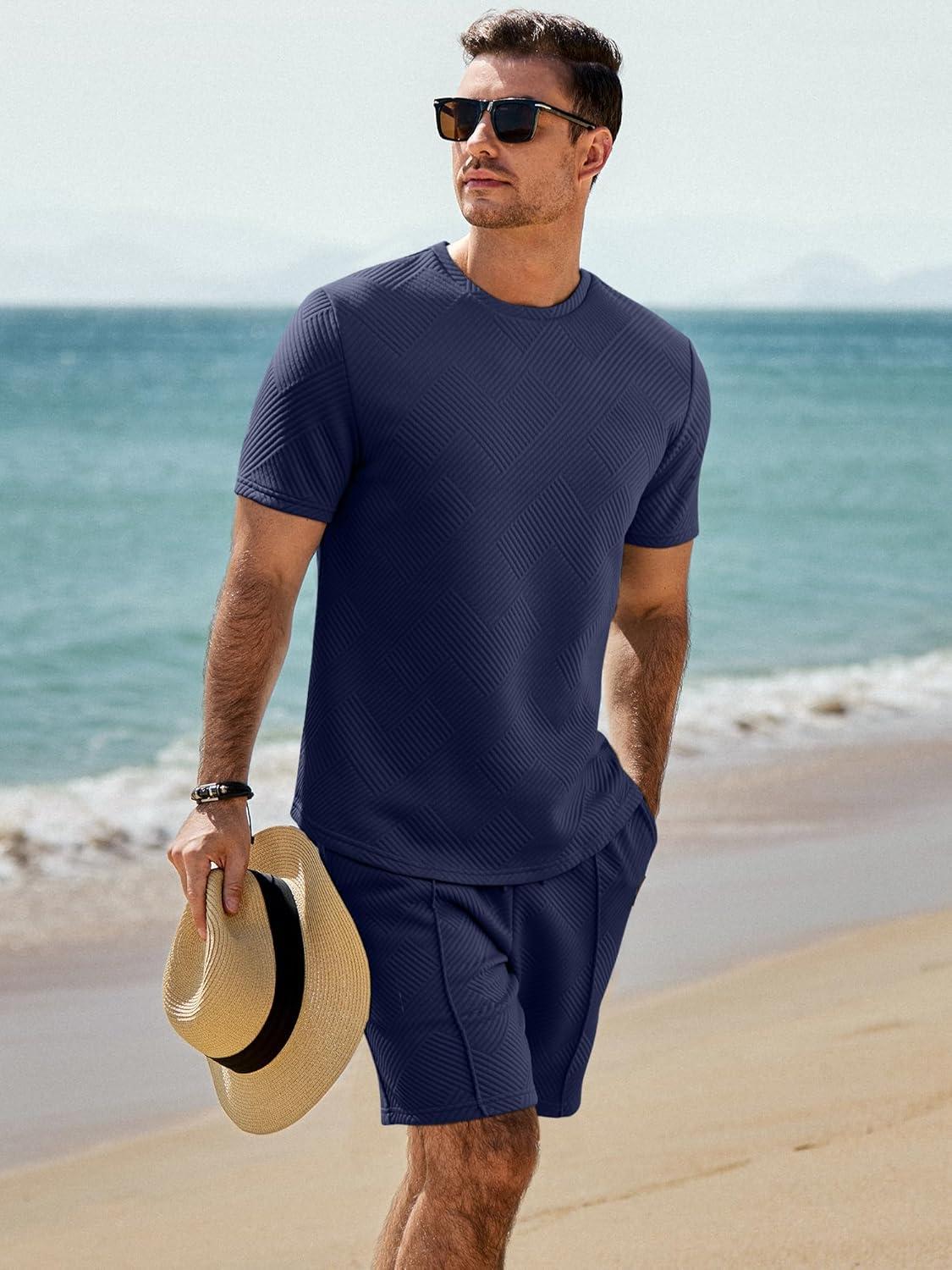 imageJMIERR Mens Casual Short Sleeve T Shirts and Shorts Summer Beach Vacation 2 Piece Outfit Lounge Workout SetsB Blue 2