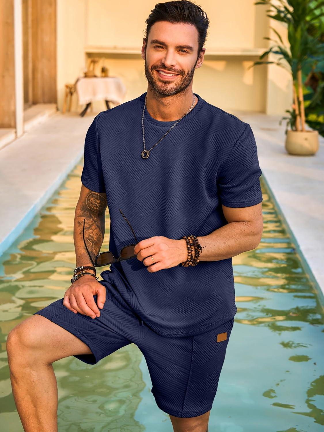 imageJMIERR Mens Casual Short Sleeve T Shirts and Shorts Summer Beach Vacation 2 Piece Outfit Lounge Workout SetsB Blue 2