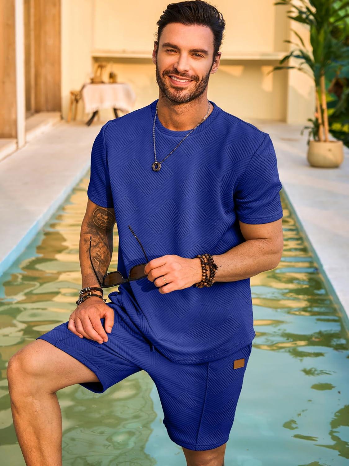 imageJMIERR Mens Casual Short Sleeve T Shirts and Shorts Summer Beach Vacation 2 Piece Outfit Lounge Workout SetsB Dark Blue