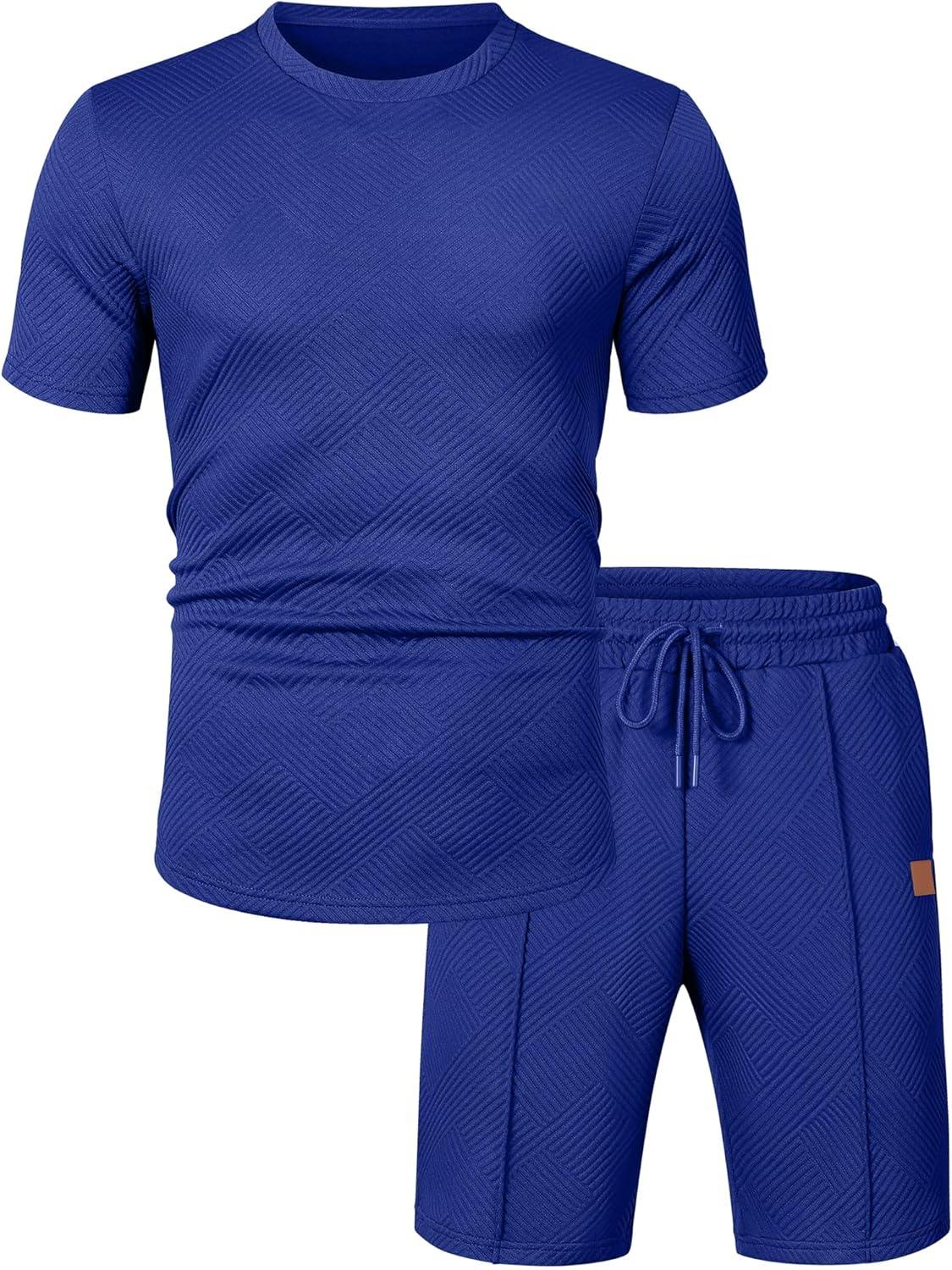 imageJMIERR Mens Casual Short Sleeve T Shirts and Shorts Summer Beach Vacation 2 Piece Outfit Lounge Workout SetsB Dark Blue