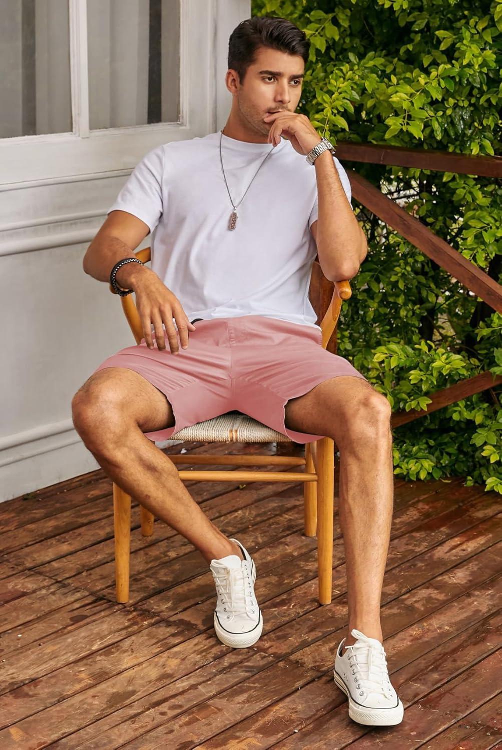 imageJMIERR Mens Casual Shorts Cotton Drawstring Summer Beach Stretch Twill Chino Golf ShortsS4 Pink