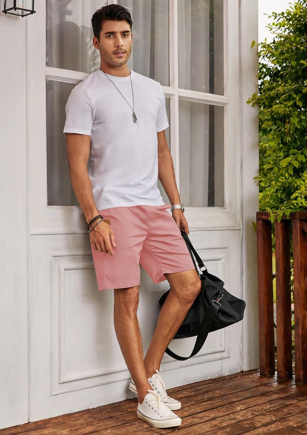 imageJMIERR Mens Casual Shorts Cotton Drawstring Summer Beach Stretch Twill Chino Golf ShortsS4 Pink