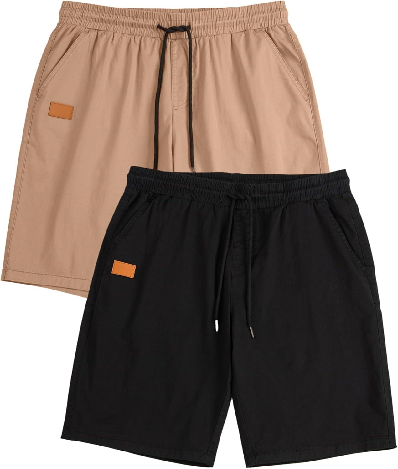 imageJMIERR Mens Casual Shorts Cotton Drawstring Summer Beach Stretch Twill Chino Golf ShortsZ 2 Pack Black Khaki