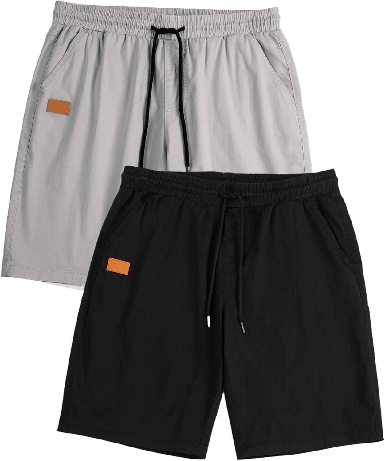imageJMIERR Mens Casual Shorts Cotton Drawstring Summer Beach Stretch Twill Chino Golf ShortsZ 2 Pack Black Light Grey