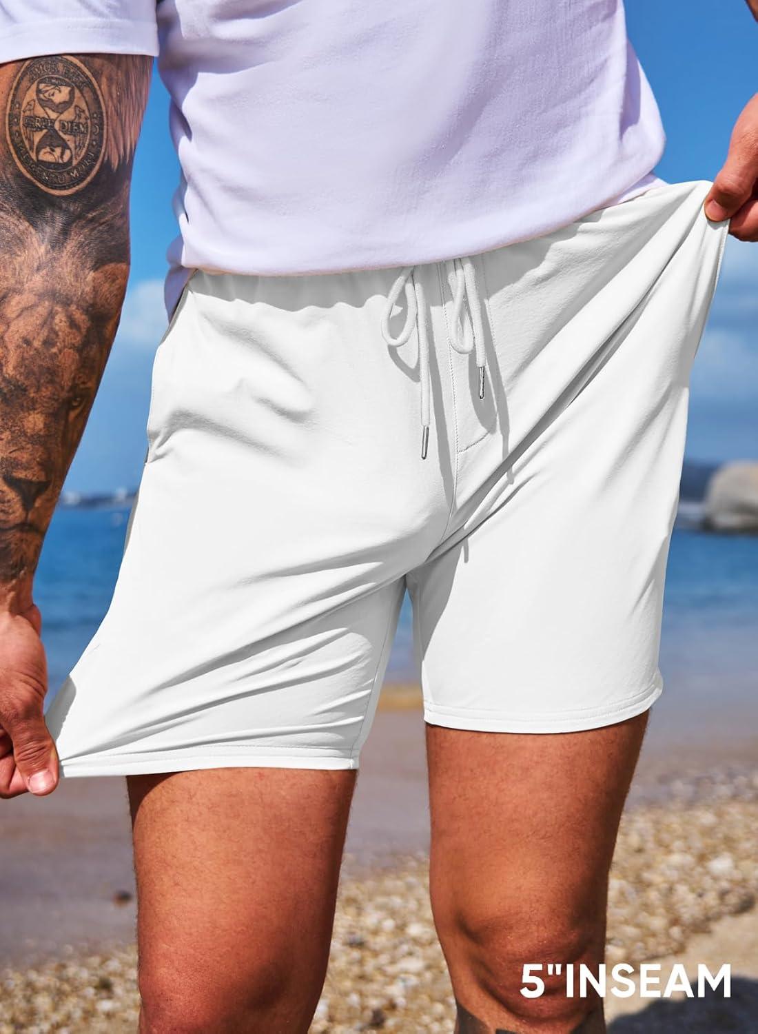imageJMIERR Mens Casual Shorts 5quot 7quot Drawstring Summer Quick Dry Beach Stretch Waist Athletic Gym Short5 Bwhite