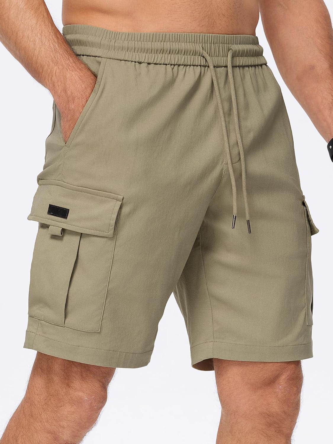 imageJMIERR Mens Casual Stretch Cargo Shorts Classic Drawstring Elastic Waist Summer Work Short with Multi Pockets0 Khaki