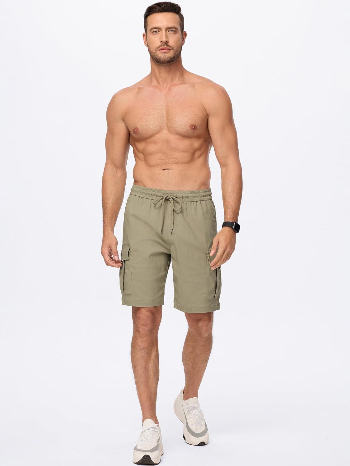 imageJMIERR Mens Casual Stretch Cargo Shorts Classic Drawstring Elastic Waist Summer Work Short with Multi Pockets0 Khaki