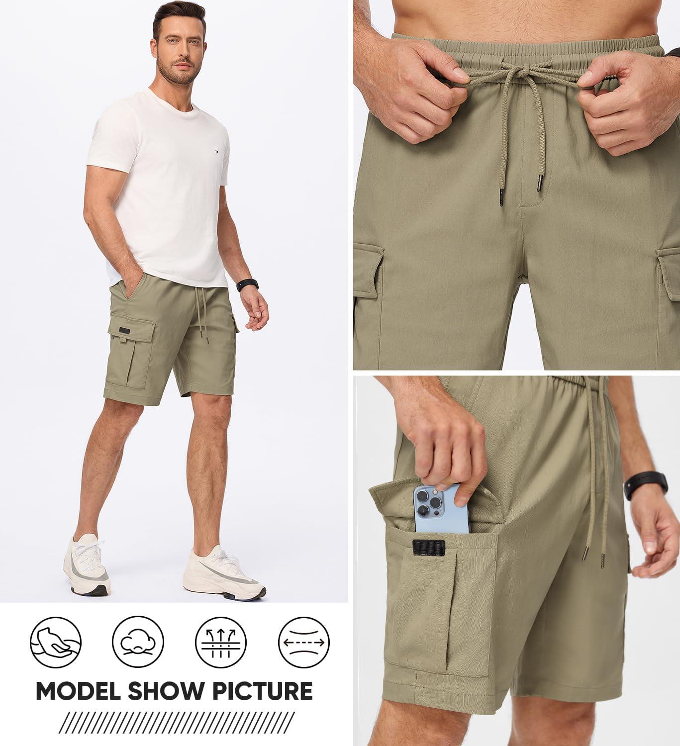 imageJMIERR Mens Casual Stretch Cargo Shorts Classic Drawstring Elastic Waist Summer Work Short with Multi Pockets0 Khaki