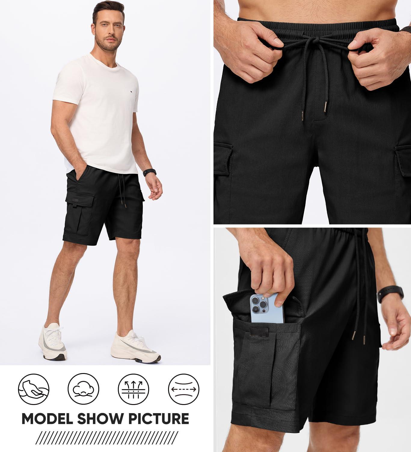 imageJMIERR Mens Casual Stretch Cargo Shorts Classic Drawstring Elastic Waist Summer Work Short with Multi Pockets01 Black