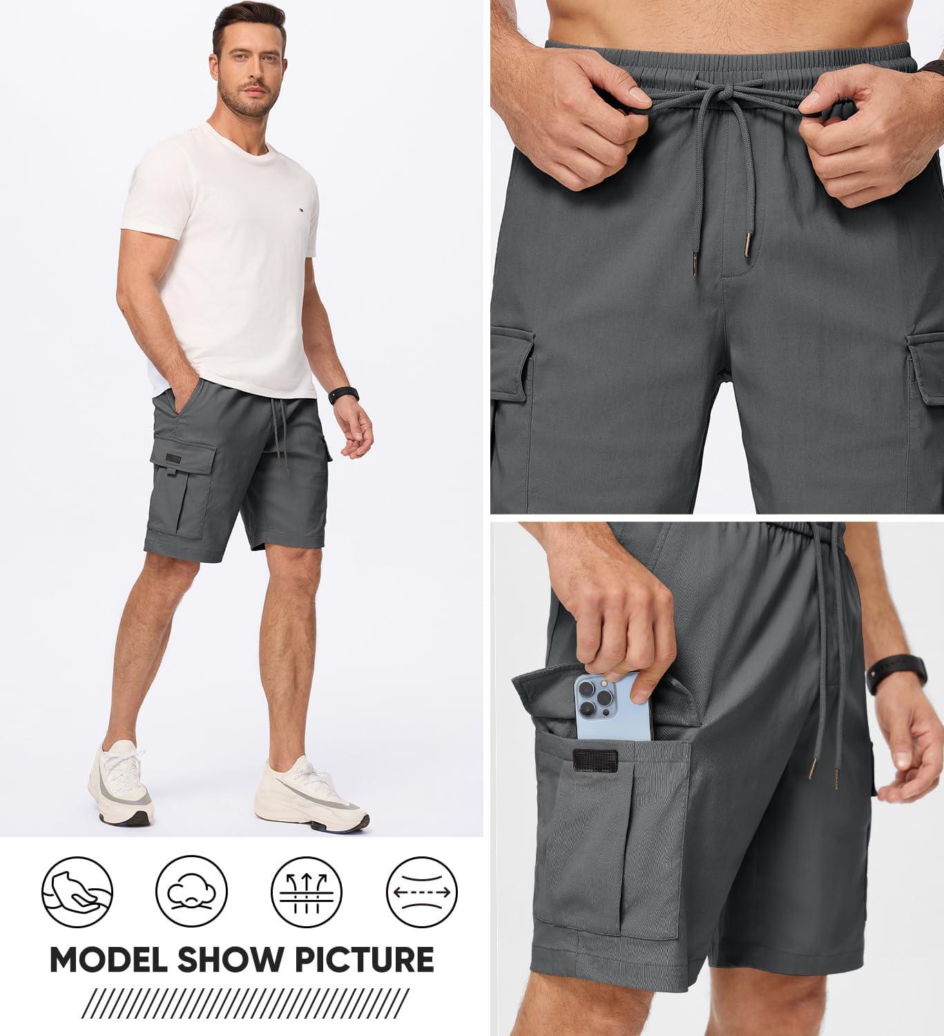 imageJMIERR Mens Casual Stretch Cargo Shorts Classic Drawstring Elastic Waist Summer Work Short with Multi Pockets02 Dark Grey