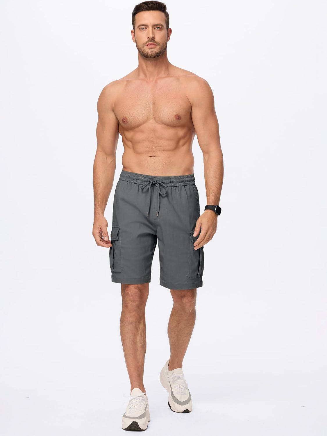 imageJMIERR Mens Casual Stretch Cargo Shorts Classic Drawstring Elastic Waist Summer Work Short with Multi Pockets02 Dark Grey