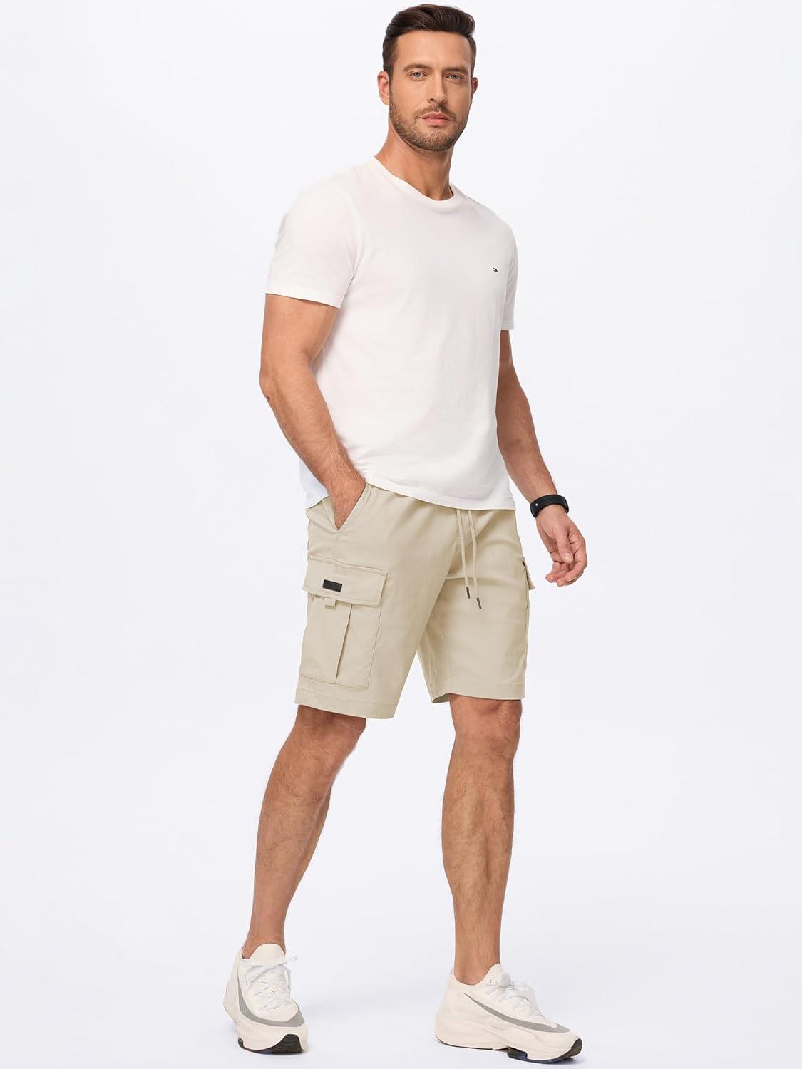 imageJMIERR Mens Casual Stretch Cargo Shorts Classic Drawstring Elastic Waist Summer Work Short with Multi PocketsApricot