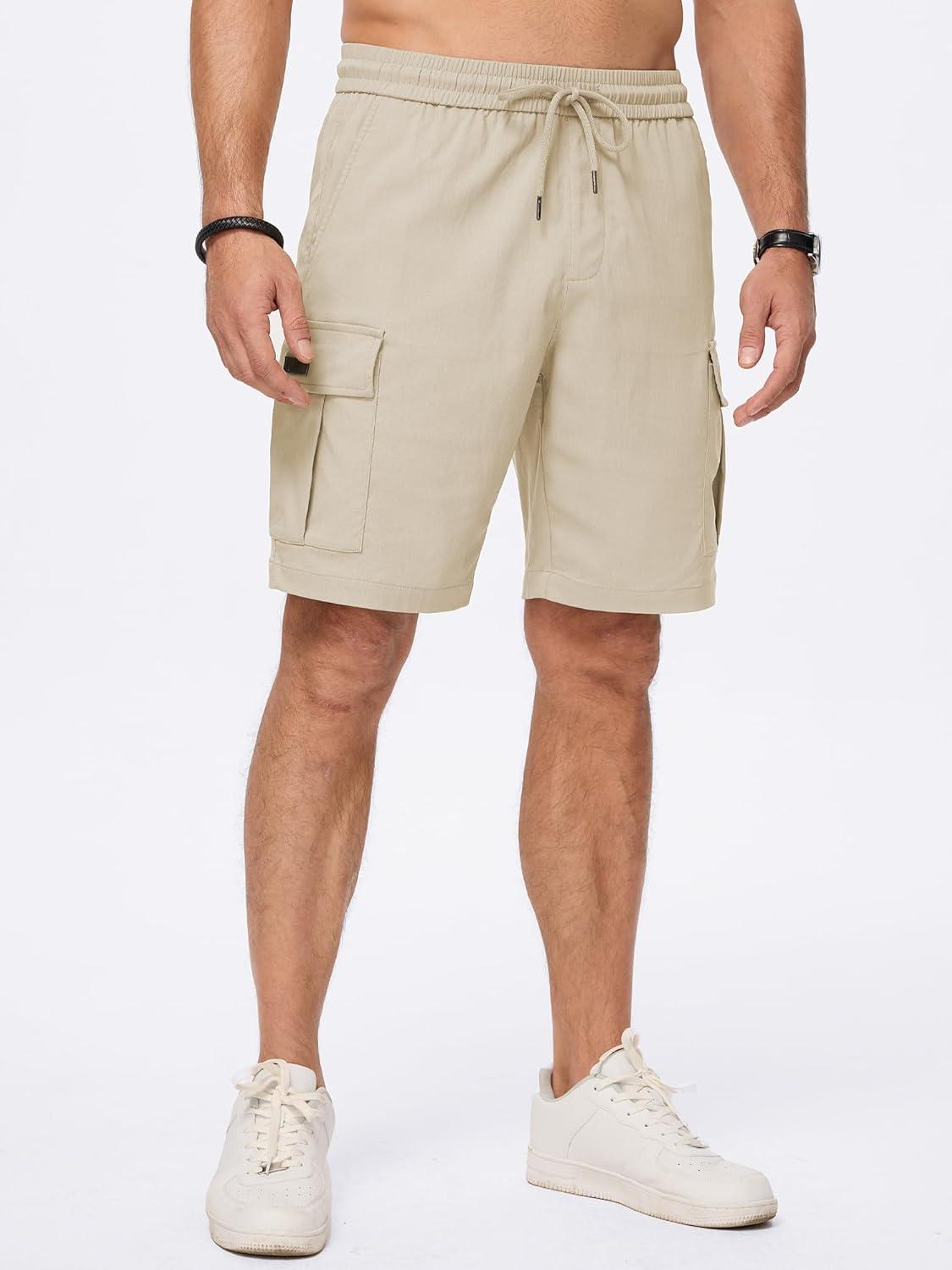 imageJMIERR Mens Casual Stretch Cargo Shorts Classic Drawstring Elastic Waist Summer Work Short with Multi PocketsApricot