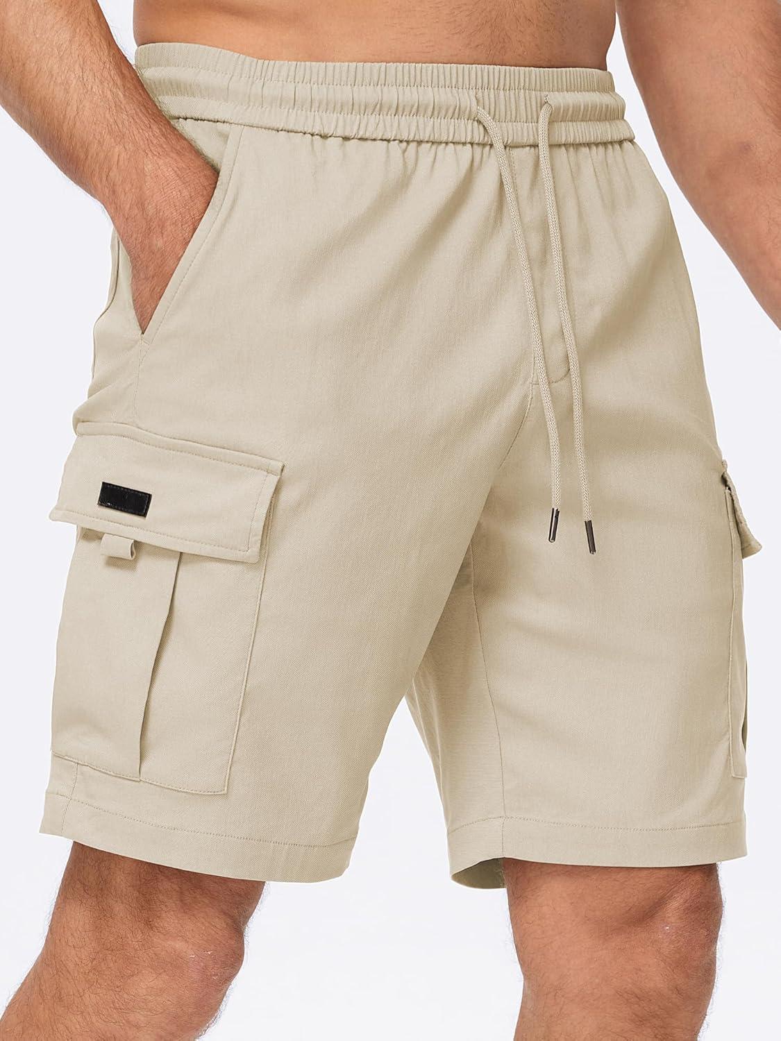 imageJMIERR Mens Casual Stretch Cargo Shorts Classic Drawstring Elastic Waist Summer Work Short with Multi PocketsApricot