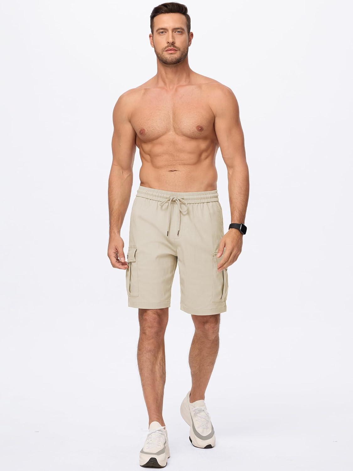 imageJMIERR Mens Casual Stretch Cargo Shorts Classic Drawstring Elastic Waist Summer Work Short with Multi PocketsApricot