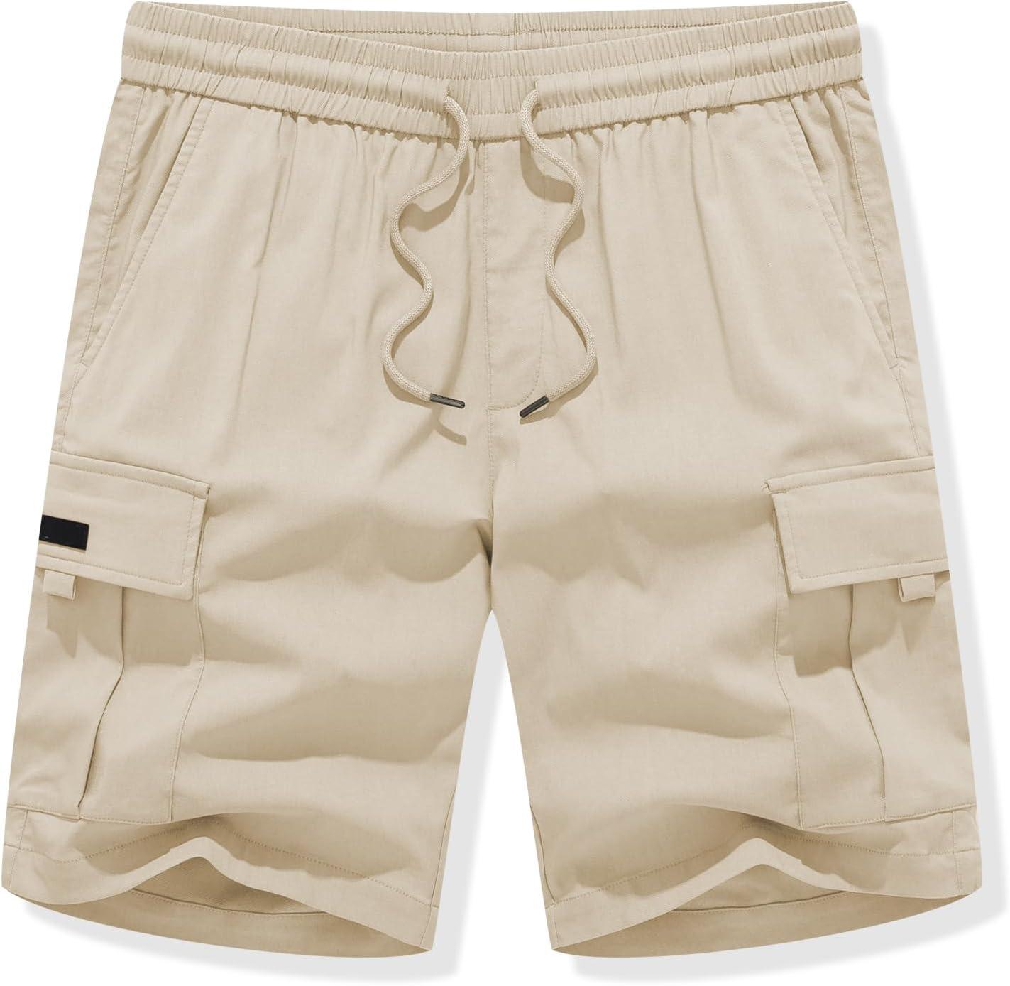 imageJMIERR Mens Casual Stretch Cargo Shorts Classic Drawstring Elastic Waist Summer Work Short with Multi PocketsApricot