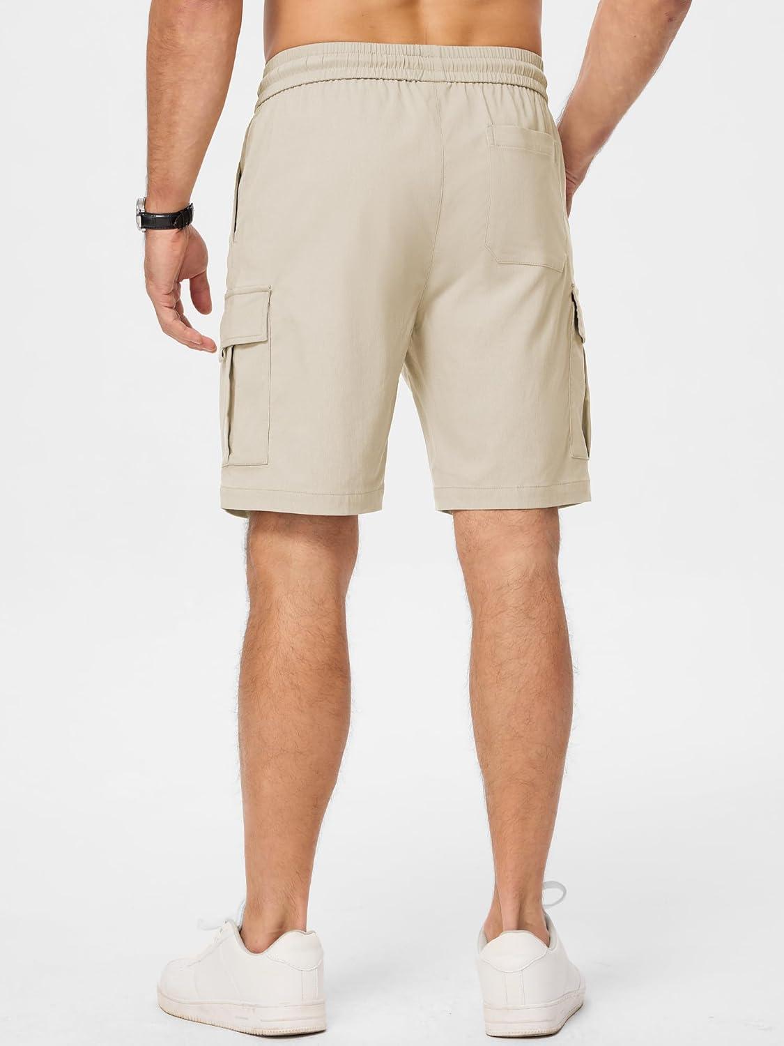 imageJMIERR Mens Casual Stretch Cargo Shorts Classic Drawstring Elastic Waist Summer Work Short with Multi PocketsApricot