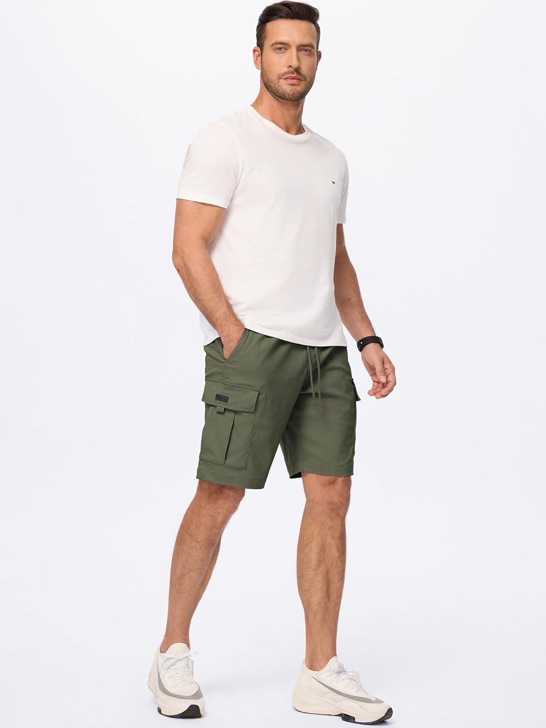 imageJMIERR Mens Casual Stretch Cargo Shorts Classic Drawstring Elastic Waist Summer Work Short with Multi PocketsArmy Green