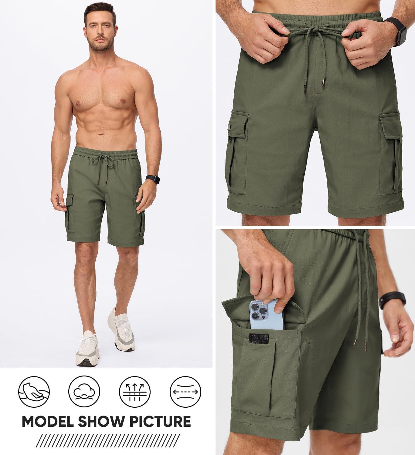 imageJMIERR Mens Casual Stretch Cargo Shorts Classic Drawstring Elastic Waist Summer Work Short with Multi PocketsArmy Green