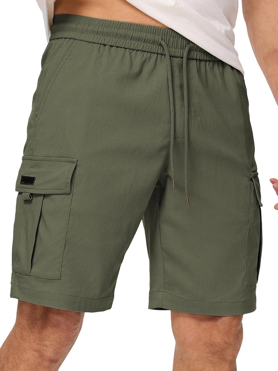 imageJMIERR Mens Casual Stretch Cargo Shorts Classic Drawstring Elastic Waist Summer Work Short with Multi PocketsArmy Green