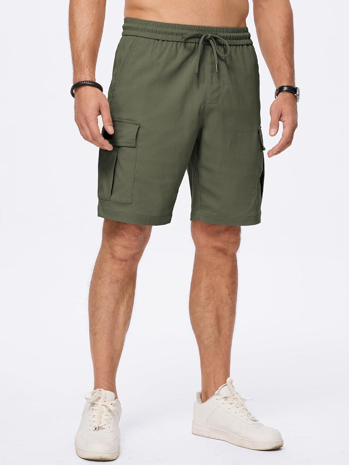 imageJMIERR Mens Casual Stretch Cargo Shorts Classic Drawstring Elastic Waist Summer Work Short with Multi PocketsArmy Green