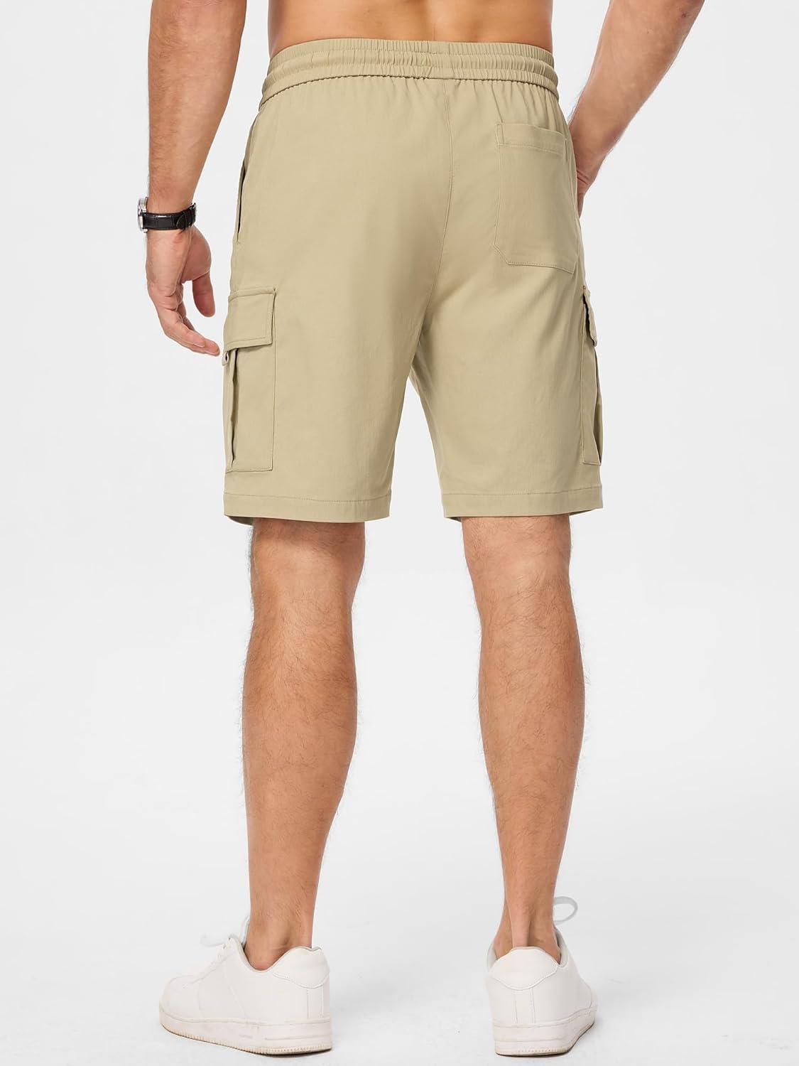imageJMIERR Mens Casual Stretch Cargo Shorts Classic Drawstring Elastic Waist Summer Work Short with Multi PocketsBeige