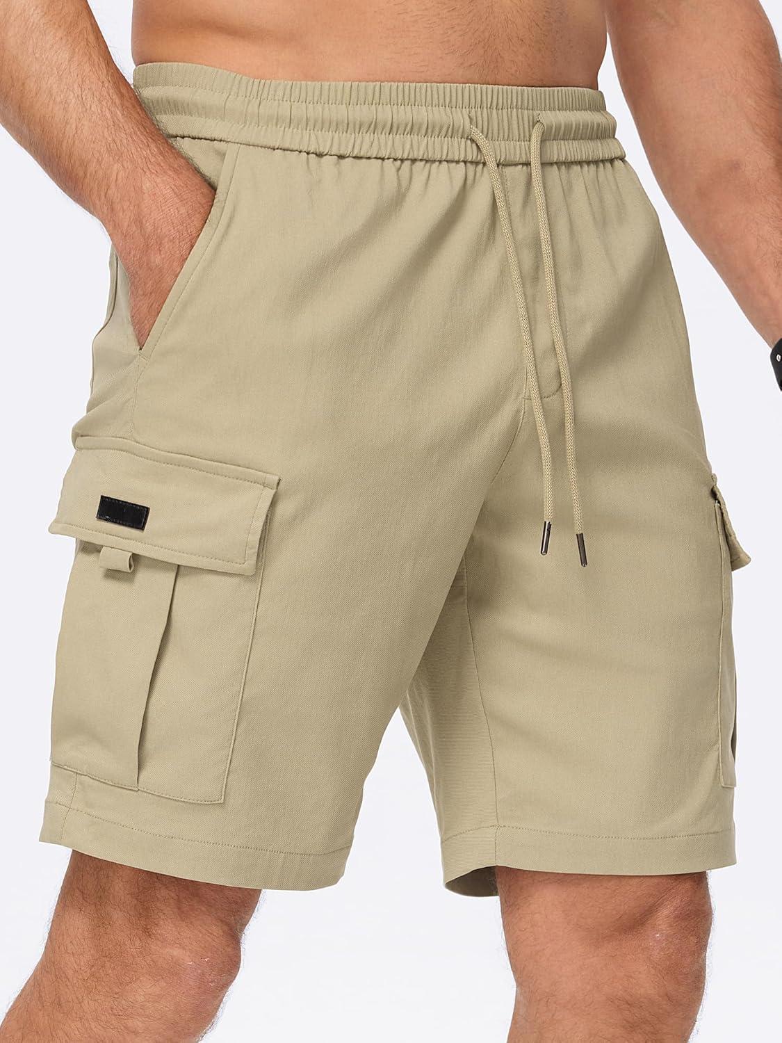 imageJMIERR Mens Casual Stretch Cargo Shorts Classic Drawstring Elastic Waist Summer Work Short with Multi PocketsBeige