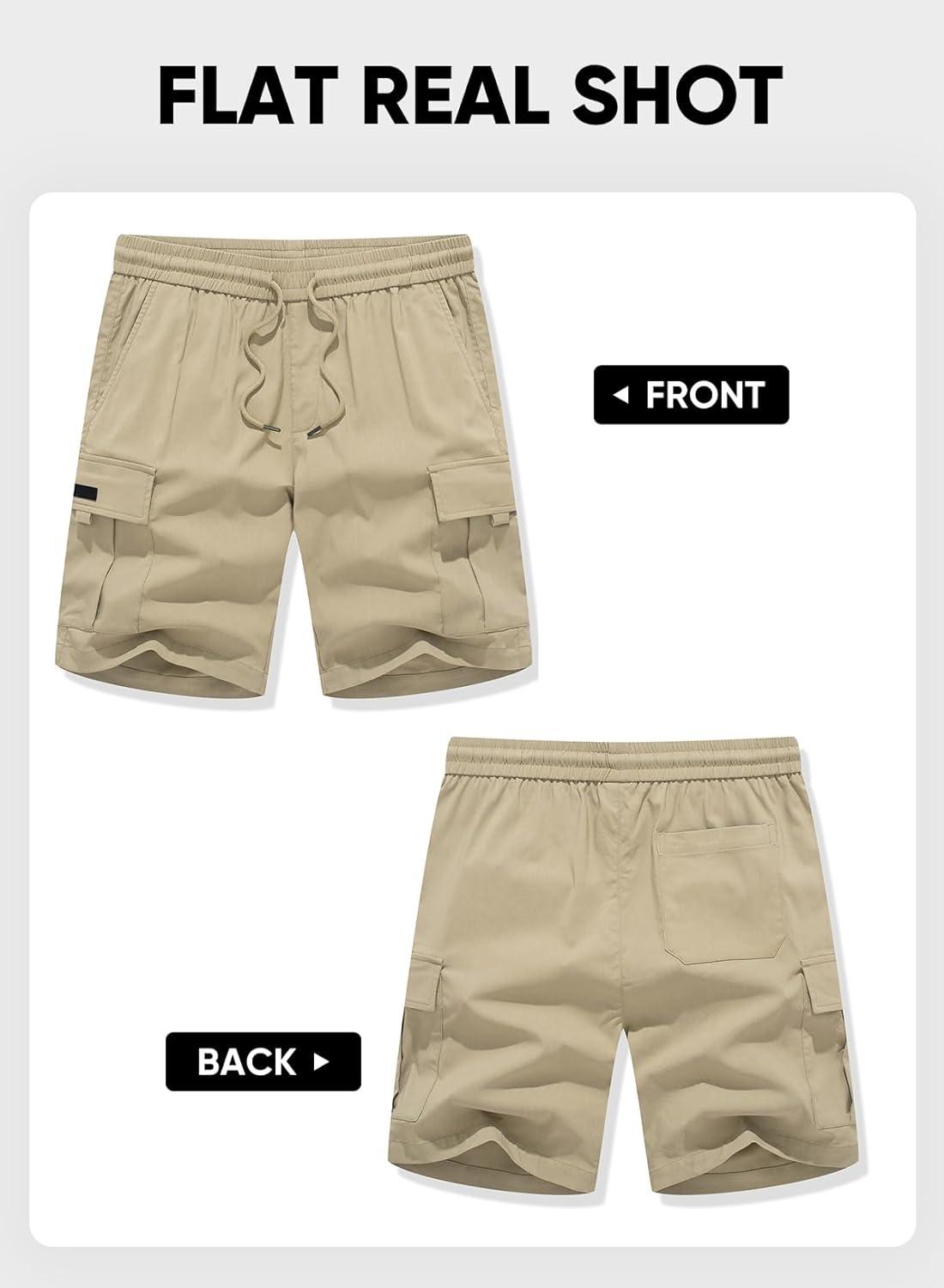 imageJMIERR Mens Casual Stretch Cargo Shorts Classic Drawstring Elastic Waist Summer Work Short with Multi PocketsBeige