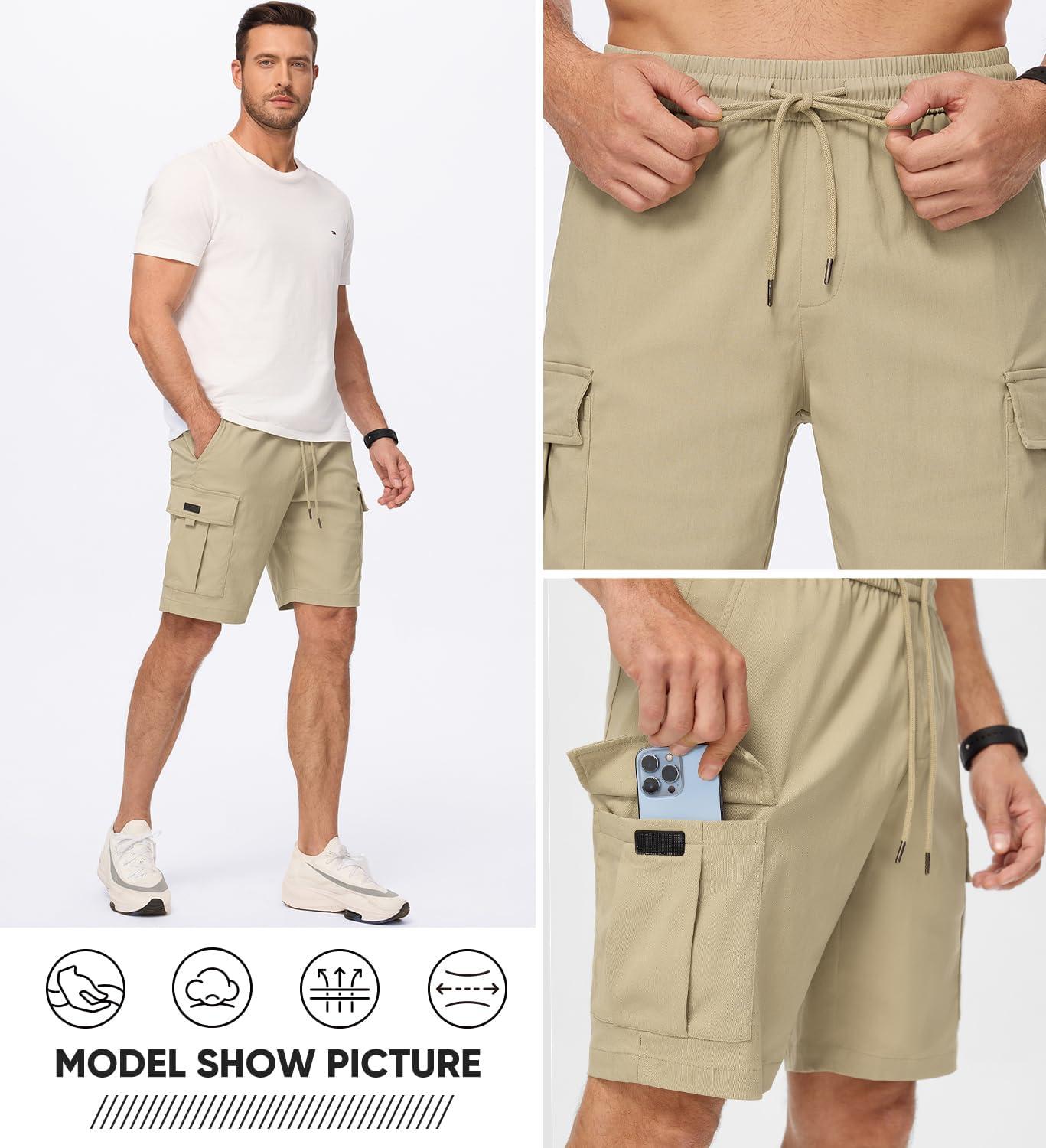 imageJMIERR Mens Casual Stretch Cargo Shorts Classic Drawstring Elastic Waist Summer Work Short with Multi PocketsBeige