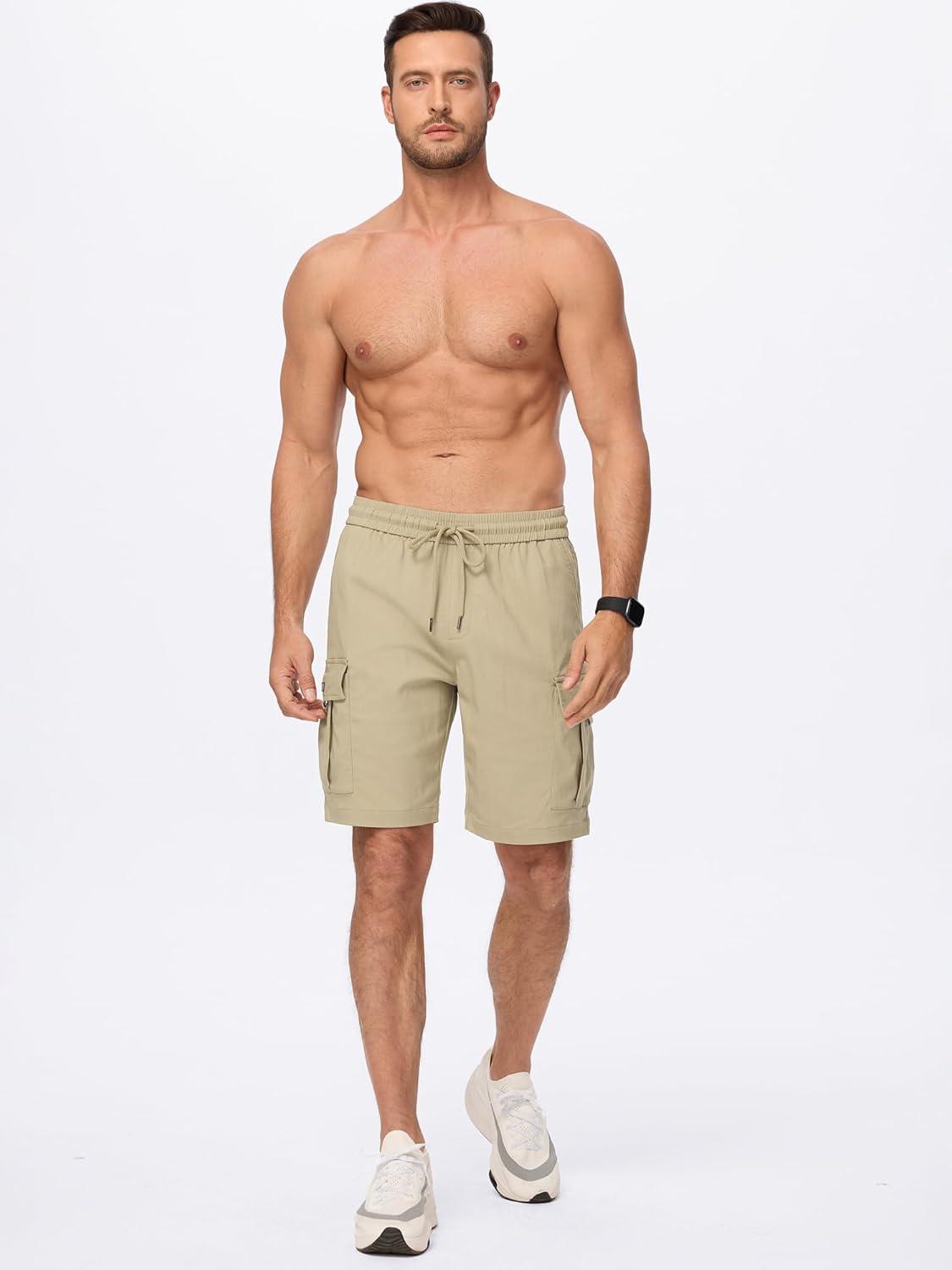 imageJMIERR Mens Casual Stretch Cargo Shorts Classic Drawstring Elastic Waist Summer Work Short with Multi PocketsBeige