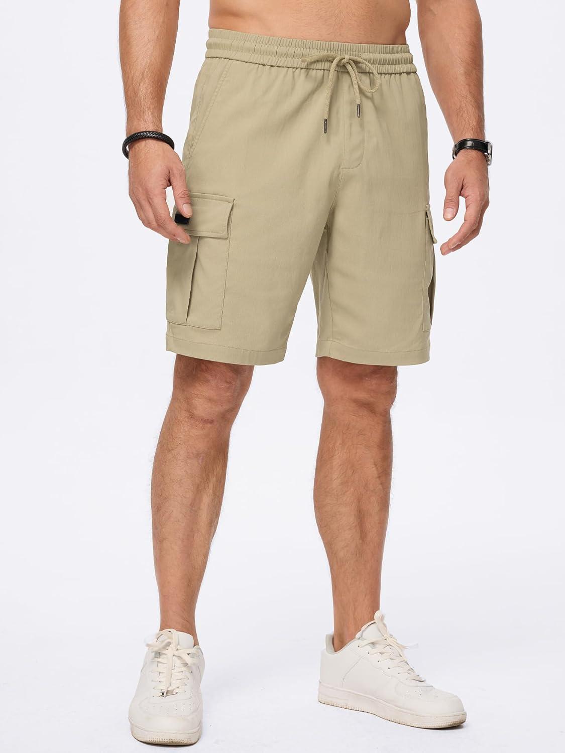 imageJMIERR Mens Casual Stretch Cargo Shorts Classic Drawstring Elastic Waist Summer Work Short with Multi PocketsBeige