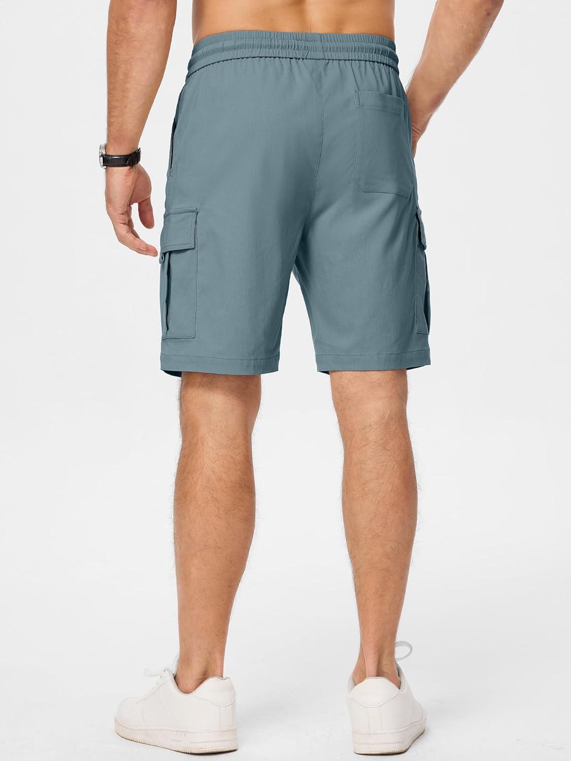 imageJMIERR Mens Casual Stretch Cargo Shorts Classic Drawstring Elastic Waist Summer Work Short with Multi PocketsBlue