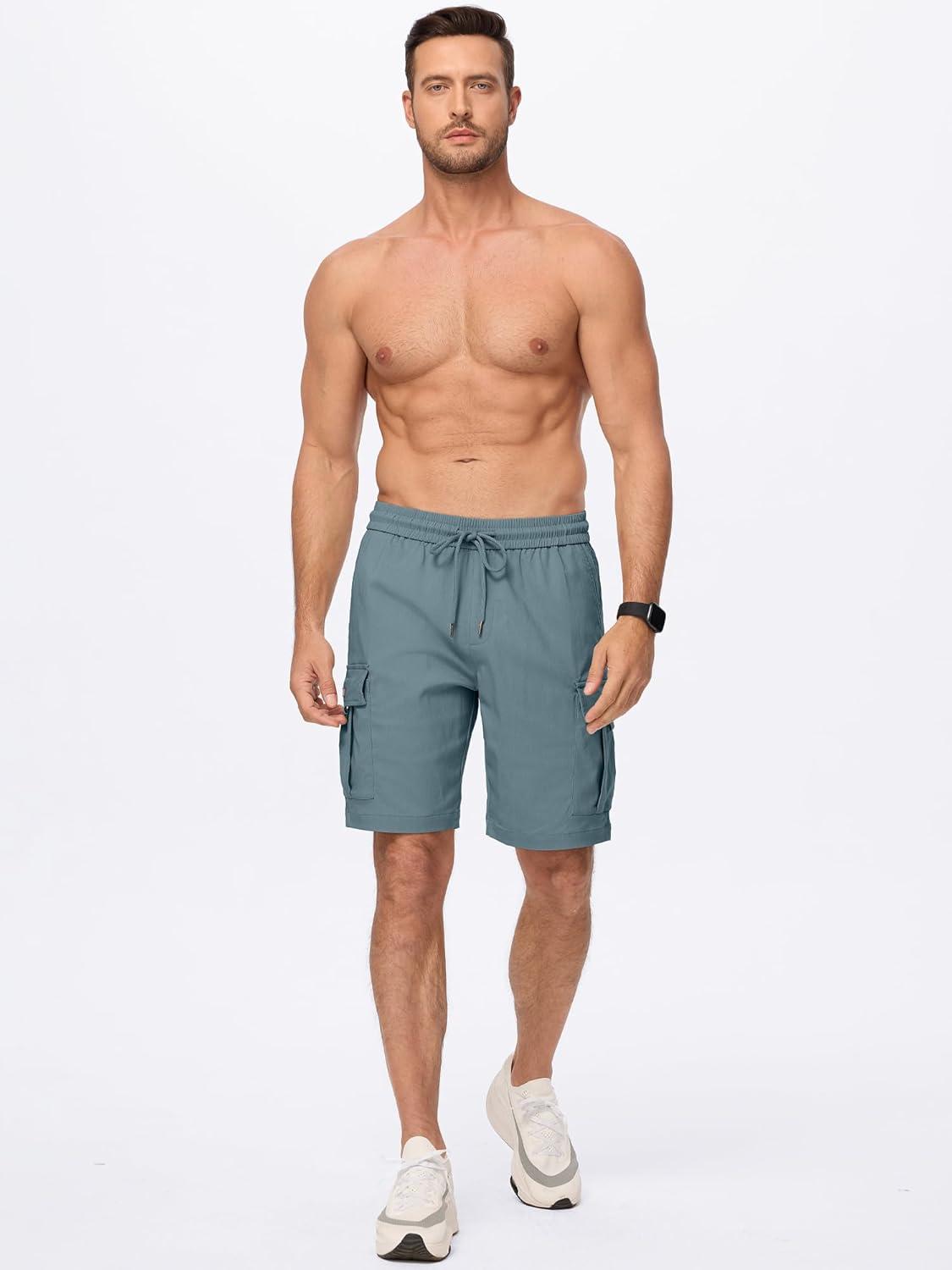 imageJMIERR Mens Casual Stretch Cargo Shorts Classic Drawstring Elastic Waist Summer Work Short with Multi PocketsBlue