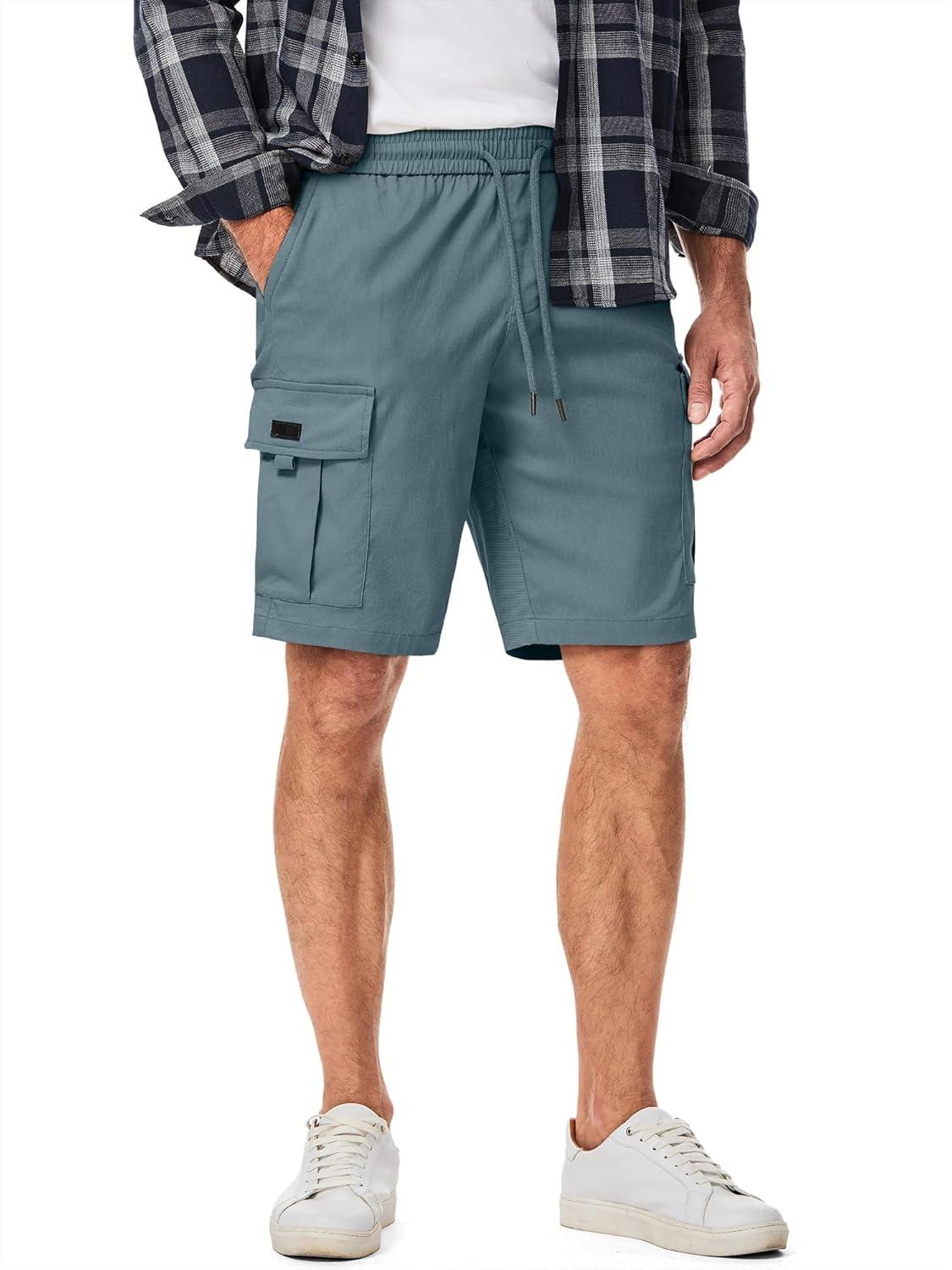 imageJMIERR Mens Casual Stretch Cargo Shorts Classic Drawstring Elastic Waist Summer Work Short with Multi PocketsBlue