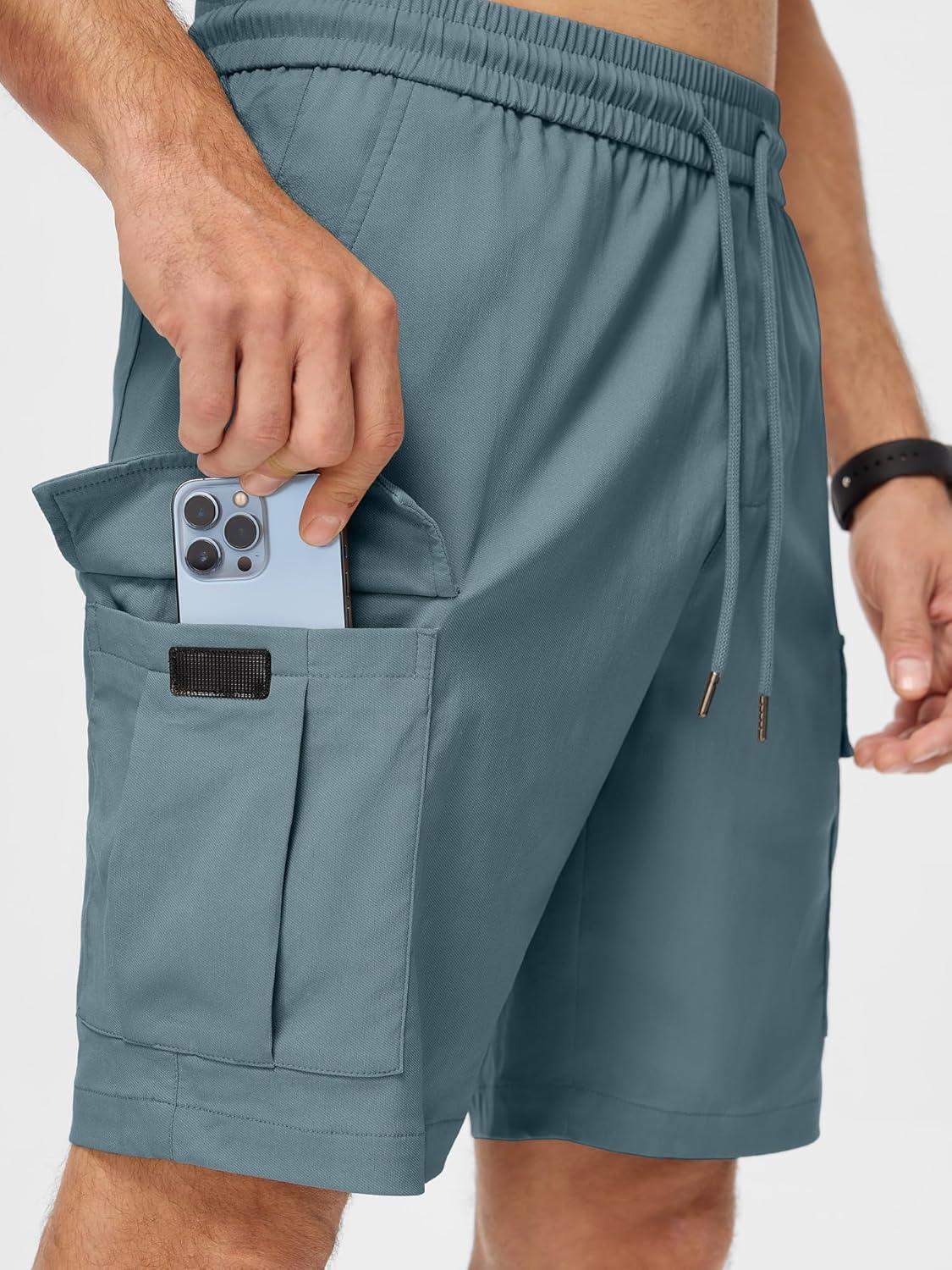 imageJMIERR Mens Casual Stretch Cargo Shorts Classic Drawstring Elastic Waist Summer Work Short with Multi PocketsBlue