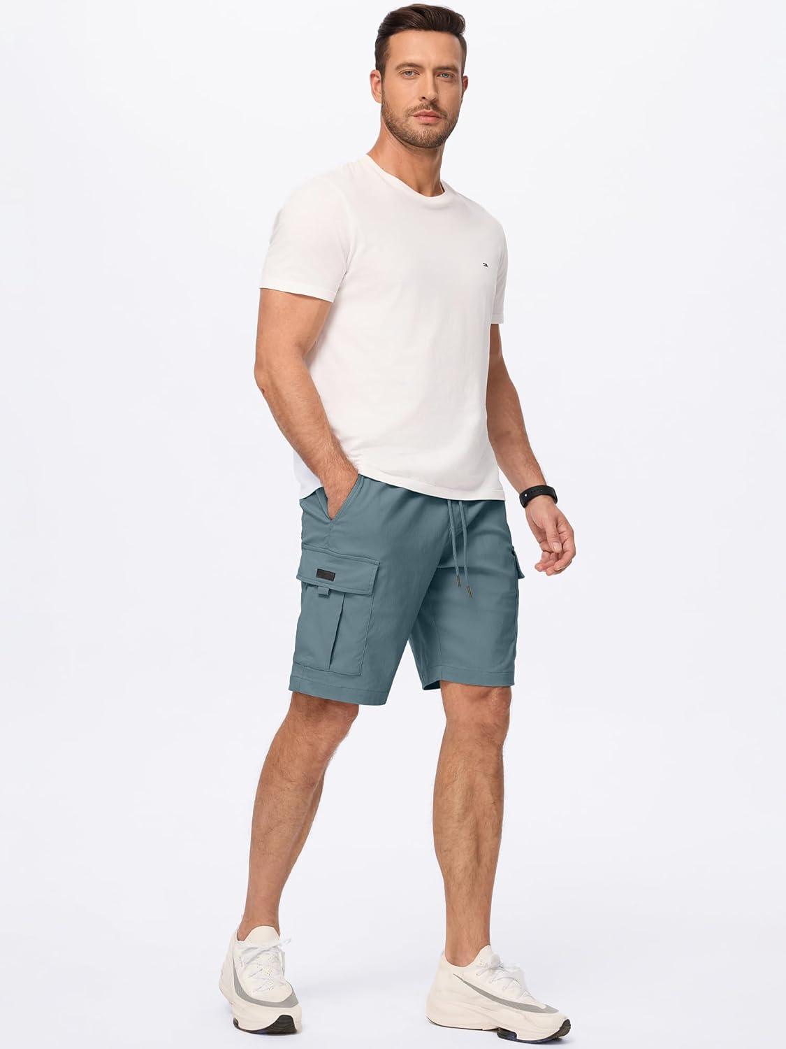 imageJMIERR Mens Casual Stretch Cargo Shorts Classic Drawstring Elastic Waist Summer Work Short with Multi PocketsBlue