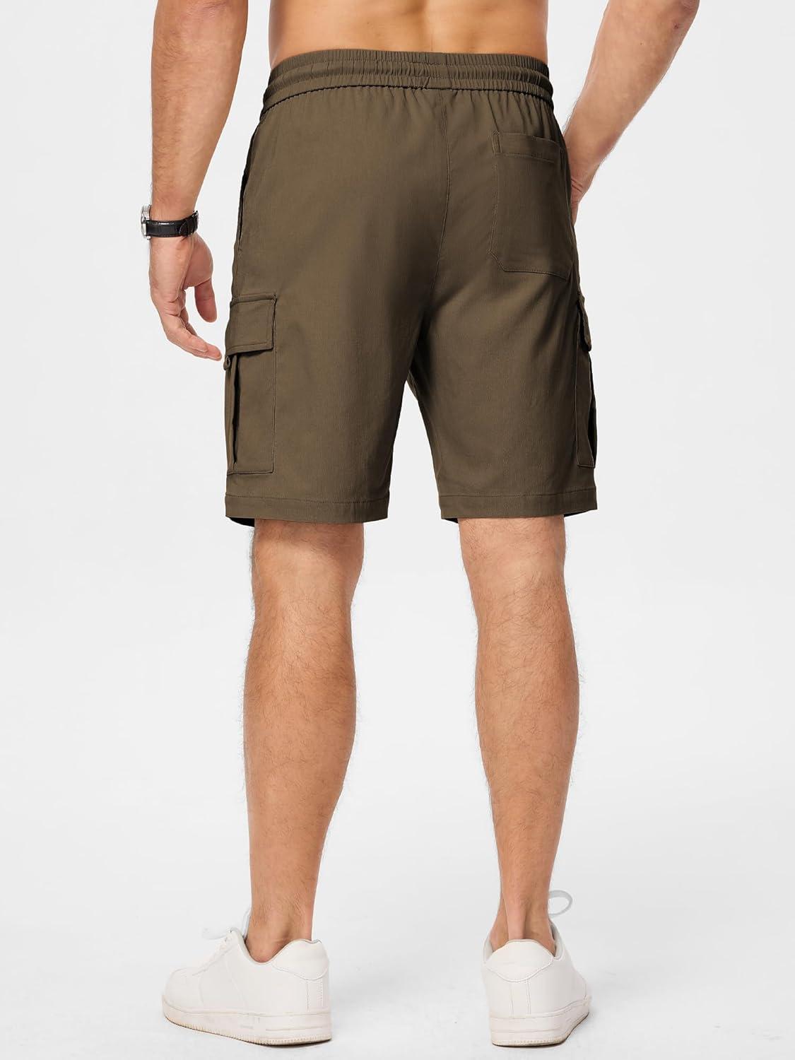 imageJMIERR Mens Casual Stretch Cargo Shorts Classic Drawstring Elastic Waist Summer Work Short with Multi PocketsBrown