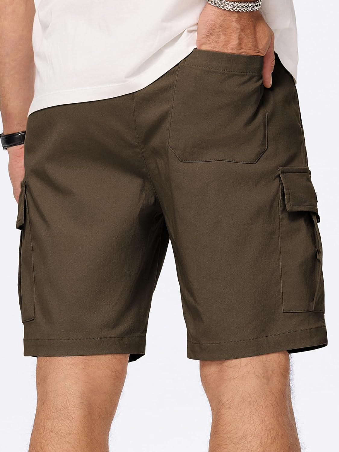 imageJMIERR Mens Casual Stretch Cargo Shorts Classic Drawstring Elastic Waist Summer Work Short with Multi PocketsBrown