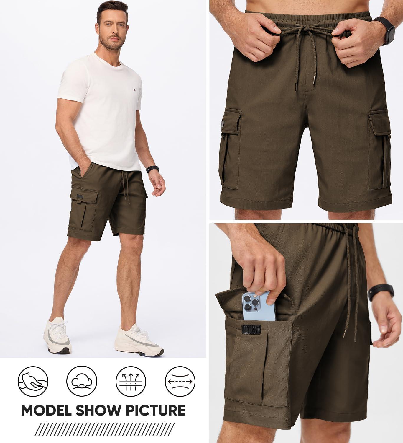 imageJMIERR Mens Casual Stretch Cargo Shorts Classic Drawstring Elastic Waist Summer Work Short with Multi PocketsBrown