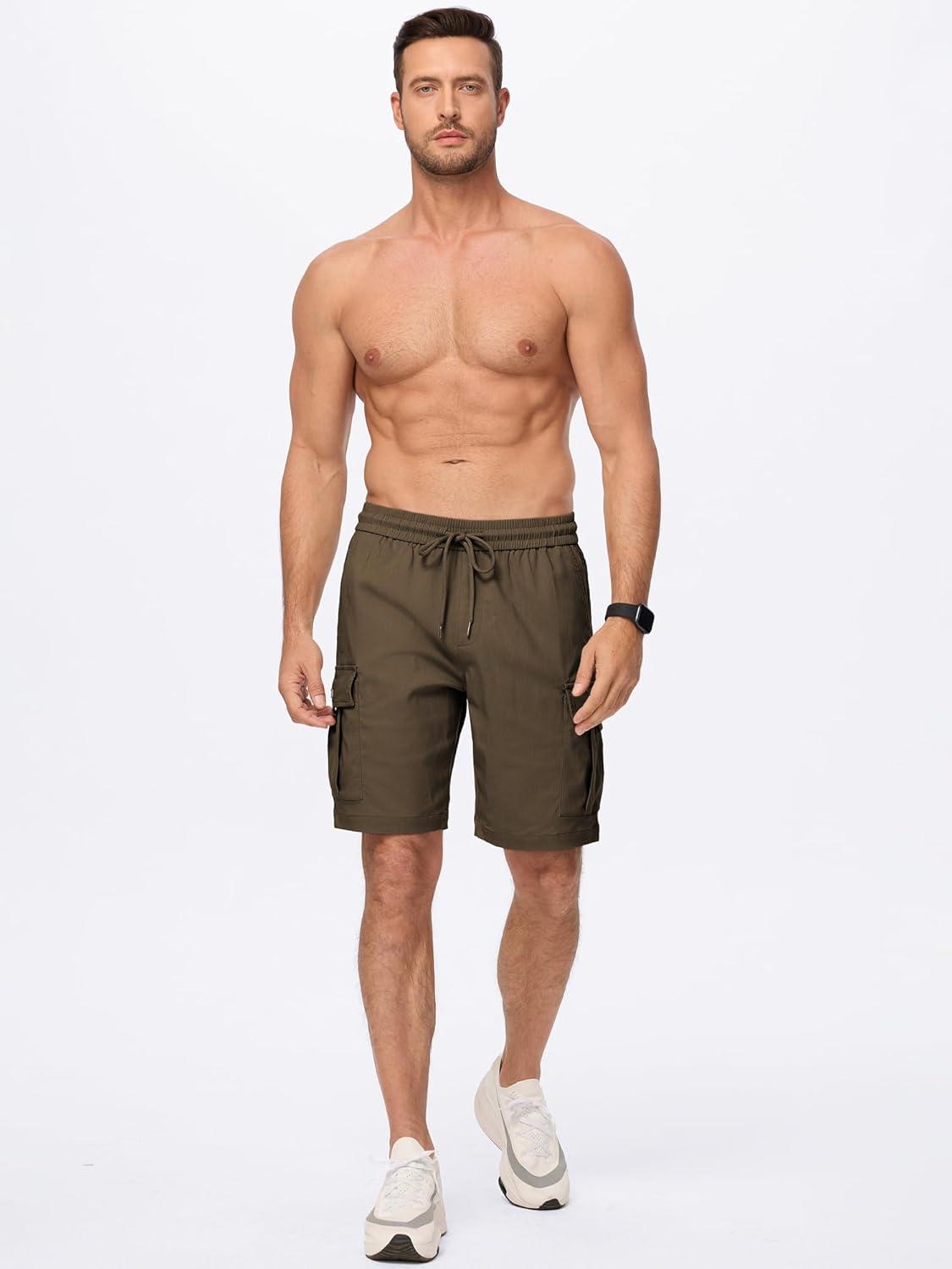 imageJMIERR Mens Casual Stretch Cargo Shorts Classic Drawstring Elastic Waist Summer Work Short with Multi PocketsBrown