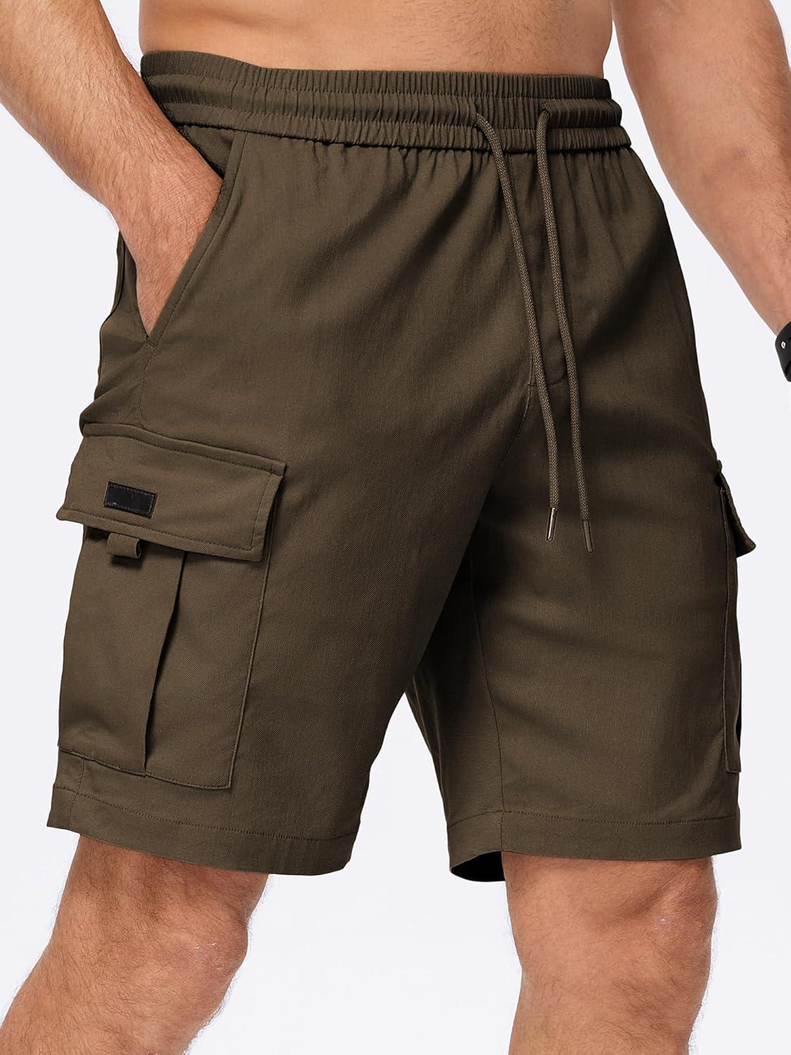 imageJMIERR Mens Casual Stretch Cargo Shorts Classic Drawstring Elastic Waist Summer Work Short with Multi PocketsBrown
