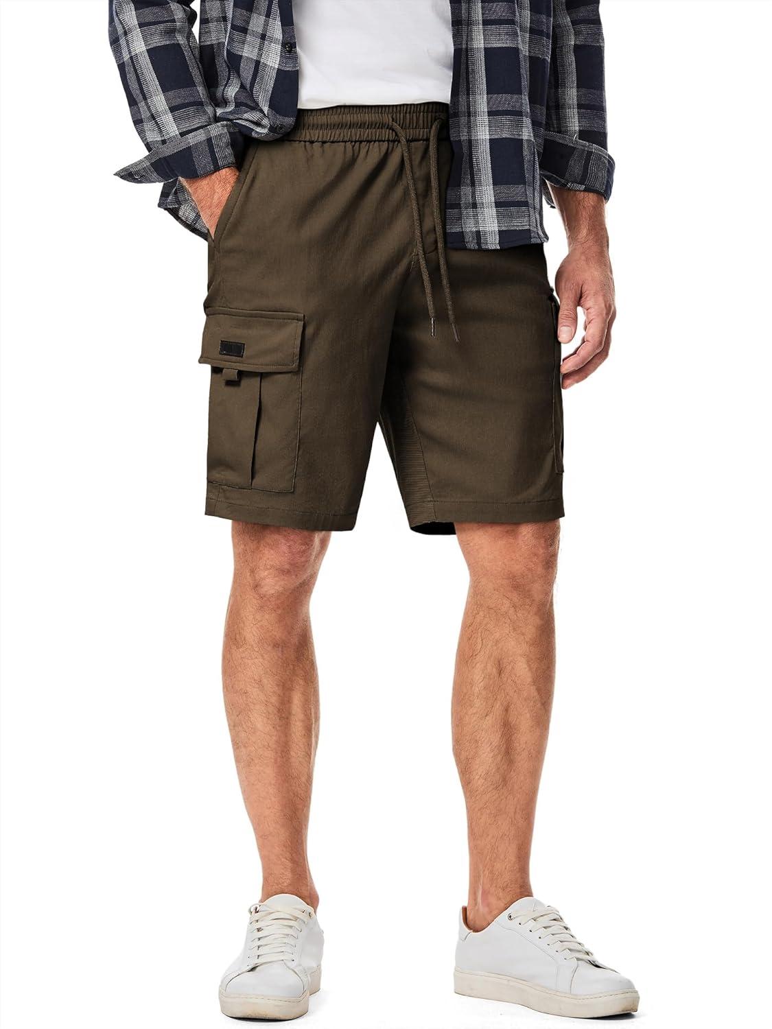 imageJMIERR Mens Casual Stretch Cargo Shorts Classic Drawstring Elastic Waist Summer Work Short with Multi PocketsBrown